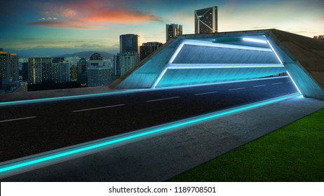 Futuristic Style Highway Tunnel Road With Blue Neon Light And Cityscape Background .