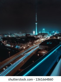 Futuristic & Surreal City Night Scape Of Berlin Neon Lights