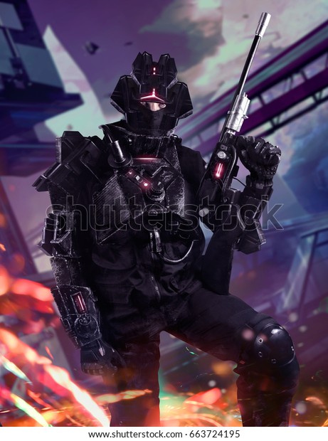 Futuristic Swat Soldier On Future City Stock Photo (Edit Now) 663724195