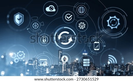 Futuristic synchronization concept with digital interface icons, circular update symbol, and smart city skyline in the background at night