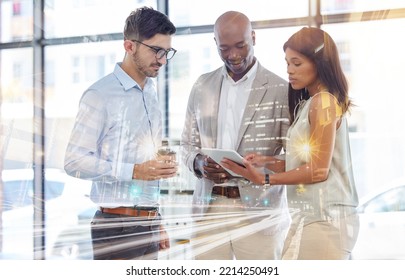 Futuristic, Tablet Working Overlay And Business People With A Tech Screen Hologram Looking At Digital Data. Future Technology, Iot And Cloud Computing Of Employee Group Planning A Ux Office Strategy