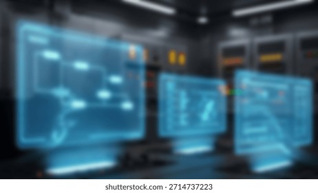 Futuristic Tech Interface Displays in Server Room Modern Network Monitoring Concept.