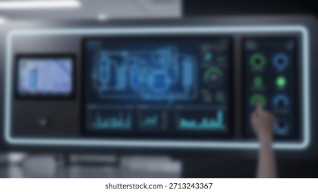 Futuristic Tech Interface Human Hand Interacting with Blue Digital Display, and Modern Control.