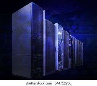 futuristic tech scheme on background mainframe of server room in data center