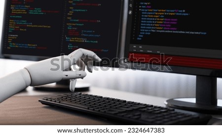 Futuristic technological advance of generative AI generating code for software development in automation concept. Robotic hand writing code on computer. Trailblazing