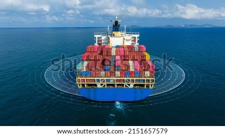 Futuristic Technology Autonomous Semi Cargo container ship with Sensors Scanning line effects concept digital cyber internet technology logistic export import transportation global forwarder mast
