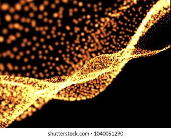 Futuristic technology background. 3D rendering. Gold dots on dark background.