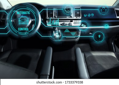 Futuristic Technology. Car Interior With Graphical User Interface