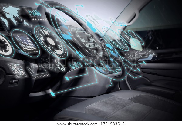 Futuristic technology. Car interior with\
graphical user\
interface