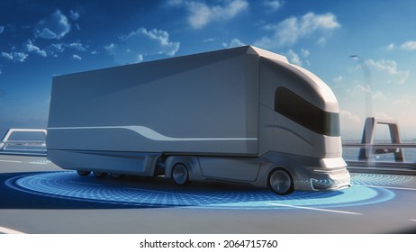 Futuristic Technology Concept: Autonomous Self-Driving Lorry Truck with Cargo Trailer Drives on the Road with Scanning Sensors. Special Effects of a Zero-Emissions Electric Vehicle Analyzing Freeway.