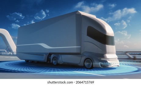 Futuristic Technology Concept: Autonomous Self-Driving Lorry Truck with Cargo Trailer Drives on the Road with Scanning Sensors. Special Effects of a Zero-Emissions Electric Vehicle Analyzing Freeway.