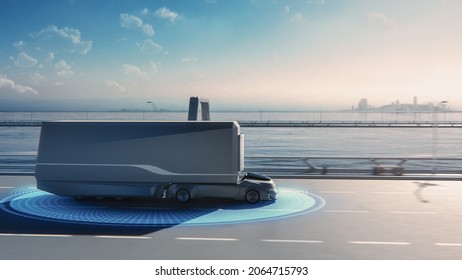 Futuristic Technology Concept: Autonomous Self-Driving Lorry Truck with Cargo Trailer Drives on the Road with Scanning Sensors. Special Effects of a Zero-Emissions Electric Vehicle Analyzing Freeway. - Powered by Shutterstock