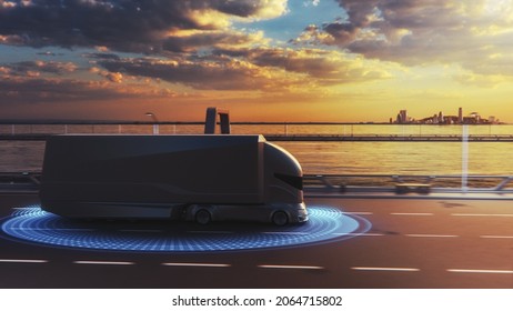 Futuristic Technology Concept: Autonomous Self-Driving Lorry Truck With Cargo Trailer Drives On The Road With Scanning Sensors. Special Effects Of A Vehicle Analyzing Highway On A Sunset Evening.