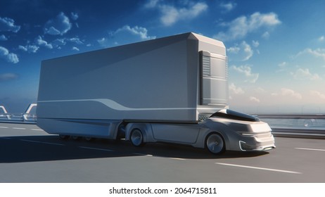 Futuristic Technology Concept: Autonomous Self-Driving Truck with Cargo Trailer Drives on the Road with Scanning Sensors. 3D Zero-Emissions Electric Lorry Driving Fast on Scenic Highway Bridge. - Powered by Shutterstock