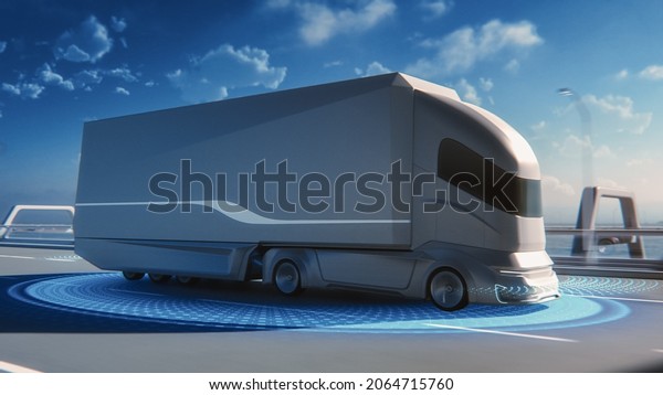 Futuristic Technology Concept: Autonomous\
Self-Driving Lorry Truck with Cargo Trailer Drives on the Road with\
Scanning Sensors. Special Effects of a Zero-Emissions Electric\
Vehicle Analyzing\
Freeway.