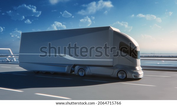 Futuristic Technology Concept: Autonomous\
Self-Driving Truck with Cargo Trailer Drives on the Road with\
Scanning Sensors. 3D Zero-Emissions Electric Lorry Driving Fast on\
Scenic Highway\
Bridge.