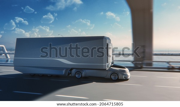 Futuristic Technology Concept: Autonomous
Self-Driving Truck with Cargo Trailer Drives on the Road with
Scanning Sensors. 3D Zero-Emissions Electric Lorry Driving Fast on
Scenic Highway
Bridge.