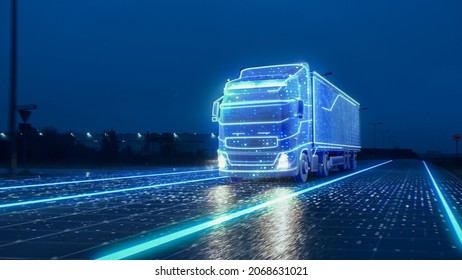 Futuristic Technology Concept: Autonomous Semi Truck and Cargo Trailer Drives at Night the Road and Sensors Scanning Surrounding  Special Effects Self Driving Truck Digitalizing Freeway