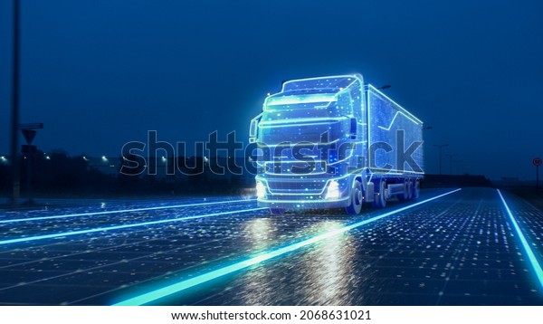 Futuristic Technology Concept: Autonomous Semi\
Truck with Cargo Trailer Drives at Night on the Road with Sensors\
Scanning Surrounding. Special Effects of Self Driving Truck\
Digitalizing Freeway