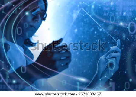 Futuristic technology concept with digital interface. Person interacting with virtual screen. Binary code and tech elements create a high-tech atmosphere. Smart technology and the future.