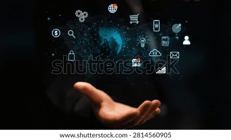 Futuristic Technology Concept with Hands Holding Global Network Icons Over World Map Background for Digital Business Innovation. Entropy.