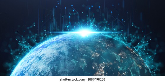 Futuristic Technology Concept, Happy New Day In Earth On Planet Background With Connection Of Comunitity Technology , High Growth Of Tech Around World  Elements Of This Image Furnished By NASA