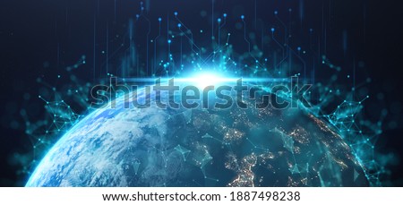 futuristic technology concept, happy new day in earth on planet background with connection of comunitity technology , high growth of tech around world  Elements of this image furnished by NASA