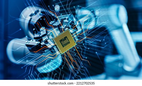 Futuristic Technology Concept: Modern Authentic Robot Arm Holding Contemporary Super Computer Processor Moving into Focus.CPU Microchip Digitilizes and Sends Data Power Lines with Computer Vision