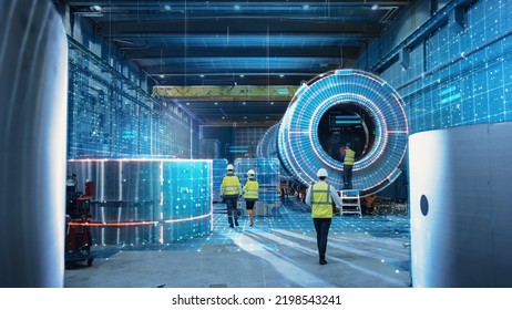 Futuristic Technology Concept: Team Engineers   Professionals Workers in Heavy Industry Manufacturing Factory that is Visualized and Graphics into Digital Twin Industry 4 0 High Tech
