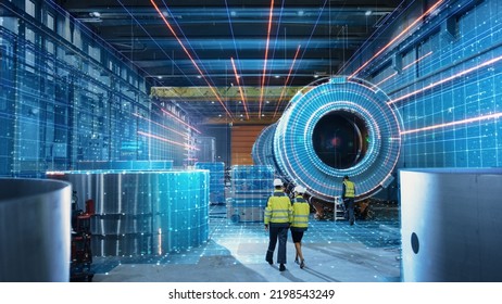 Futuristic Technology Concept: Team of Engineers and Professionals Workers in Heavy Industry Manufacturing Factory that is Digitalized with Graphics into Digital Twin of Industry 4.0 High Tech