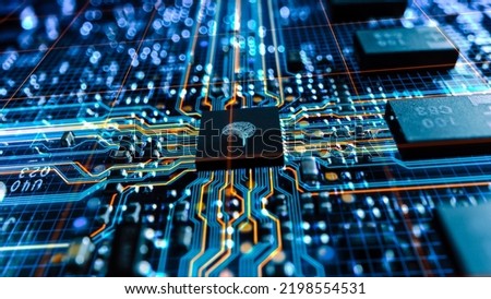 Futuristic Technology Concept Visualization: Circuit Board CPU Processor Microchip Starting Artificial Intelligence Digitalization of Neural Networking. Digital Lines Connect into 3D Brain.