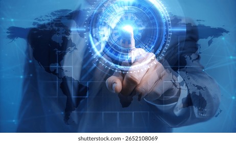 Futuristic Technology Interface with Digital Touchscreen and World Map Overlay