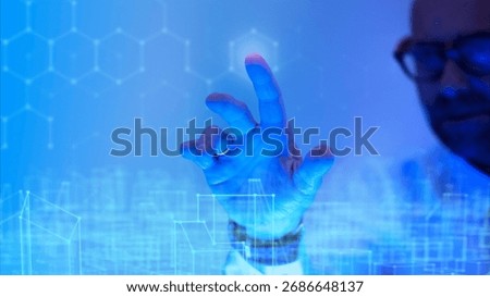 Futuristic technology interface, hand interacting with digital screen. Blue tones, technology, innovation, digital interaction. Business, communication, technology, business people.