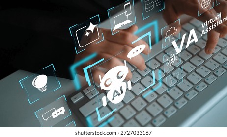 Futuristic Technology Interface with Virtual Assistant Icons and Hands Typing on a Keyboard for Digital Innovation and Automation Concepts Gluon.