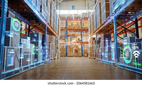 Futuristic Technology Retail Warehouse: Digitalization and Visualization of Industry 4.0 Process that Analyzes Goods, Cardboard Boxes, Products Delivery Infographics in Logistics, Distribution Center - Shutterstock ID 2064581663
