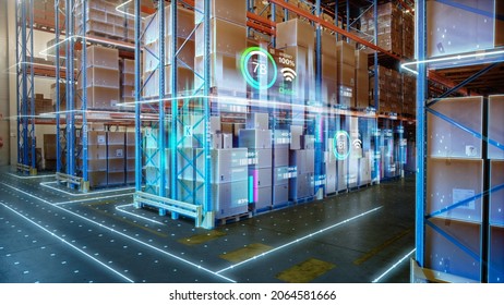Futuristic Technology Retail Warehouse: Digitalization and Visualization of Industry 4.0 Process that Analyzes Goods, Cardboard Boxes, Products Delivery Infographics in Logistics, Distribution Center - Shutterstock ID 2064581666