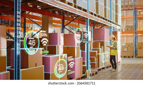 Futuristic Technology Retail Warehouse: Worker Starts Inventory Digitalization with Barcode Scanner Analyzes Goods, Cardboard Boxes, Products. Delivery Infographics in Logistics, Distribution Center - Shutterstock ID 2064581711