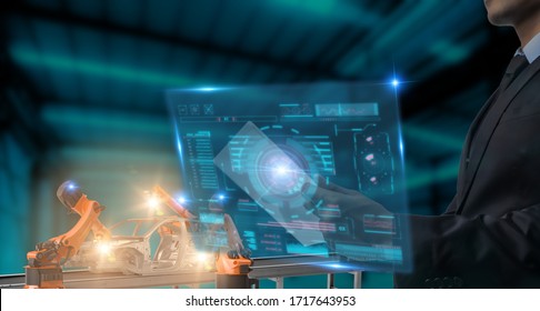 Futuristic Technology In Smart Automation Industrial High Efficiency  Using Ai Artificial Intelligence, Machine Learning, Digital Twin, 5g, Big Data, Iot, Augmented Mixed Virtual Rality, Ar, Vr,robot