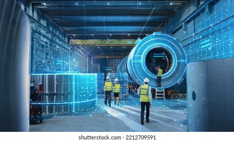 Futuristic Technology: Team of Engineers and Professionals Workers in Industry Manufacturing Factory that is Digitalized with Graphics into Connected Automated Machinery. High-Tech Industry 4.0. - Shutterstock ID 2212709591
