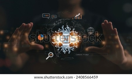 Futuristic technology transformation. Chatbot Chat with AI, Artificial Intelligence. Women use technology smart AI, and artificial intelligence by entering command prompts to generate something. 