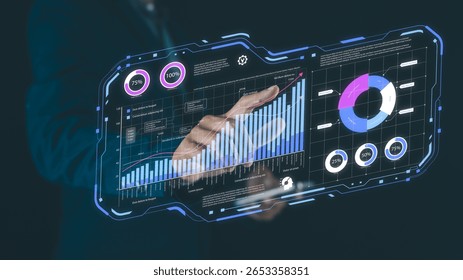 A futuristic transparent digital interface displaying charts, graphs, and data analytics with a hand interacting with it.