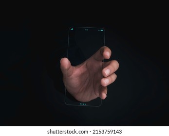 Futuristic transparent glass phone Technology. Super slim transparent future smartphone with vertical mock-up blank screen in left hand on dark background. - Powered by Shutterstock