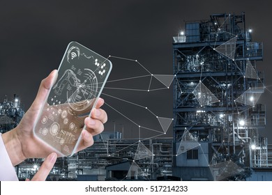 Futuristic Transparent Smart Device And Modern Factory, Industry4.0, Internet Of Things, Technological Abstract