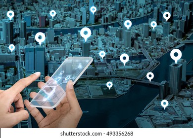 Futuristic Transparent Smart Phone And Location Information System, Abstract Image Visual