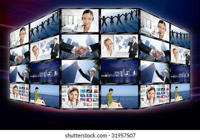 Futuristic Tv Video News Digital Screen Wall With Business Concepts [Photo Illustration]