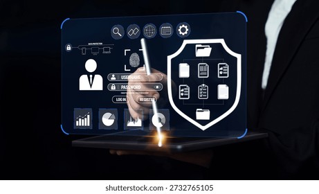 Futuristic User Interface for Cyber Security with Touchscreen Interaction and Icons of Data Protection, User Login, and Analytics Quark.