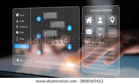 Futuristic User Interface Design for Customer Service Chatbot with Touch Interaction and Data Overview Panels