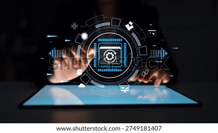 Futuristic User Interface Interaction with Touchscreen Technology and Digital Elements in a Dark Environment Quark.