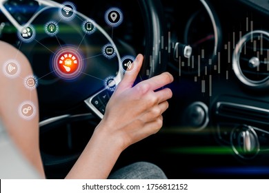 futuristic vehicle and graphical user interface icons. automotive technology car. Blurred image.