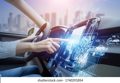 Futuristic Vehicle And Graphical User Interface(GUI). Intelligent Car. Connected Car. Internet Of Things. Heads Up Display(HUD).